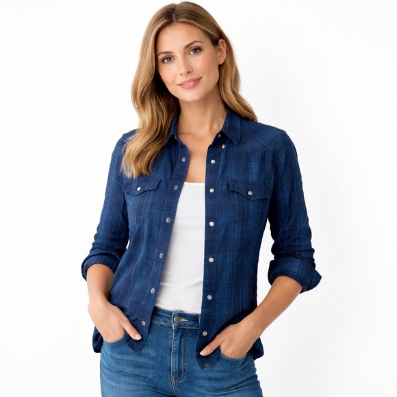 J. Crew Tops - J.Crew Blue Plaid Snap Button Shirt Size S